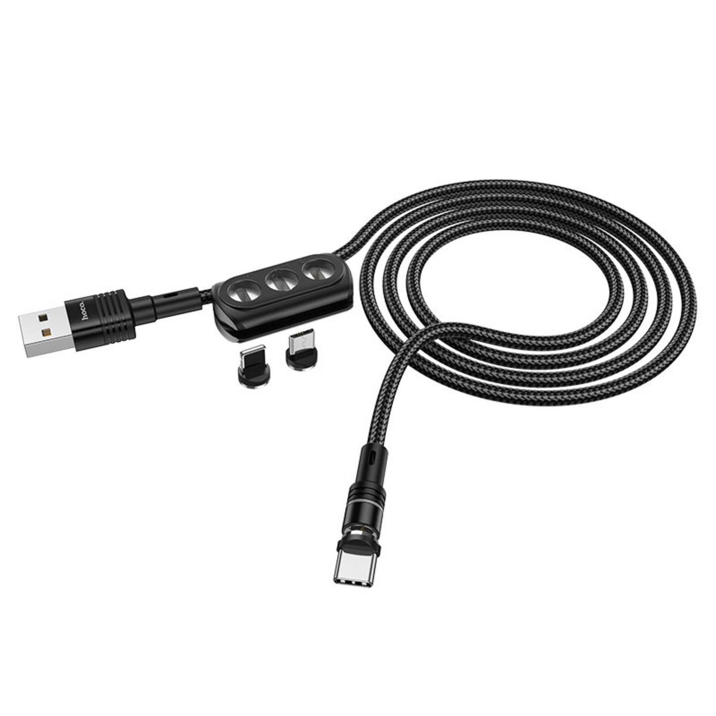 3 in 1 magnetic cable is coiled up with 3 connectors showing micro-usb, type-c and lightning.