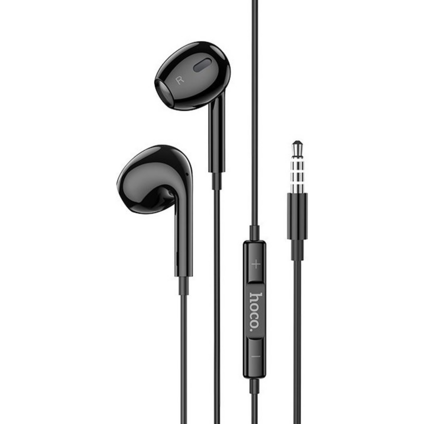 Close up view of Aux cable earphones with left and right speakers, volume button and aux cable