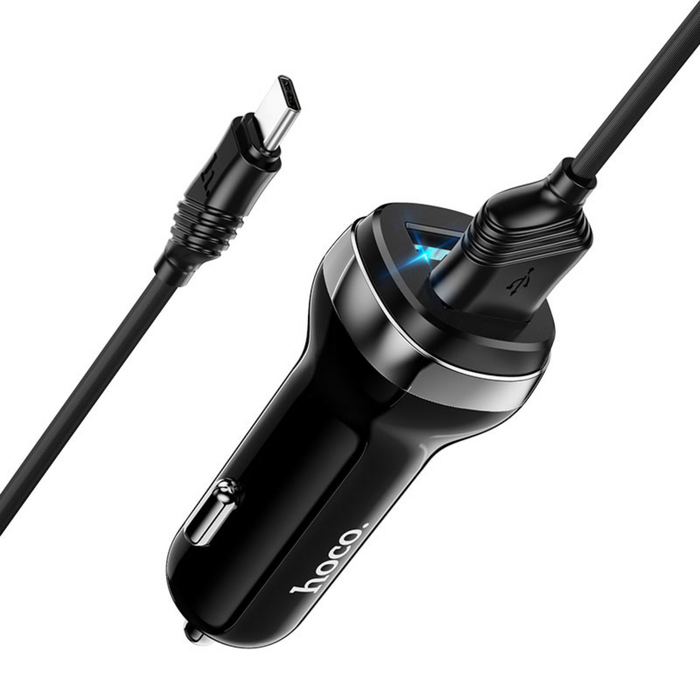 Close up view of Superior Dual USB Car Charger (Z40) with usb to type-c cable connected to it on a white background