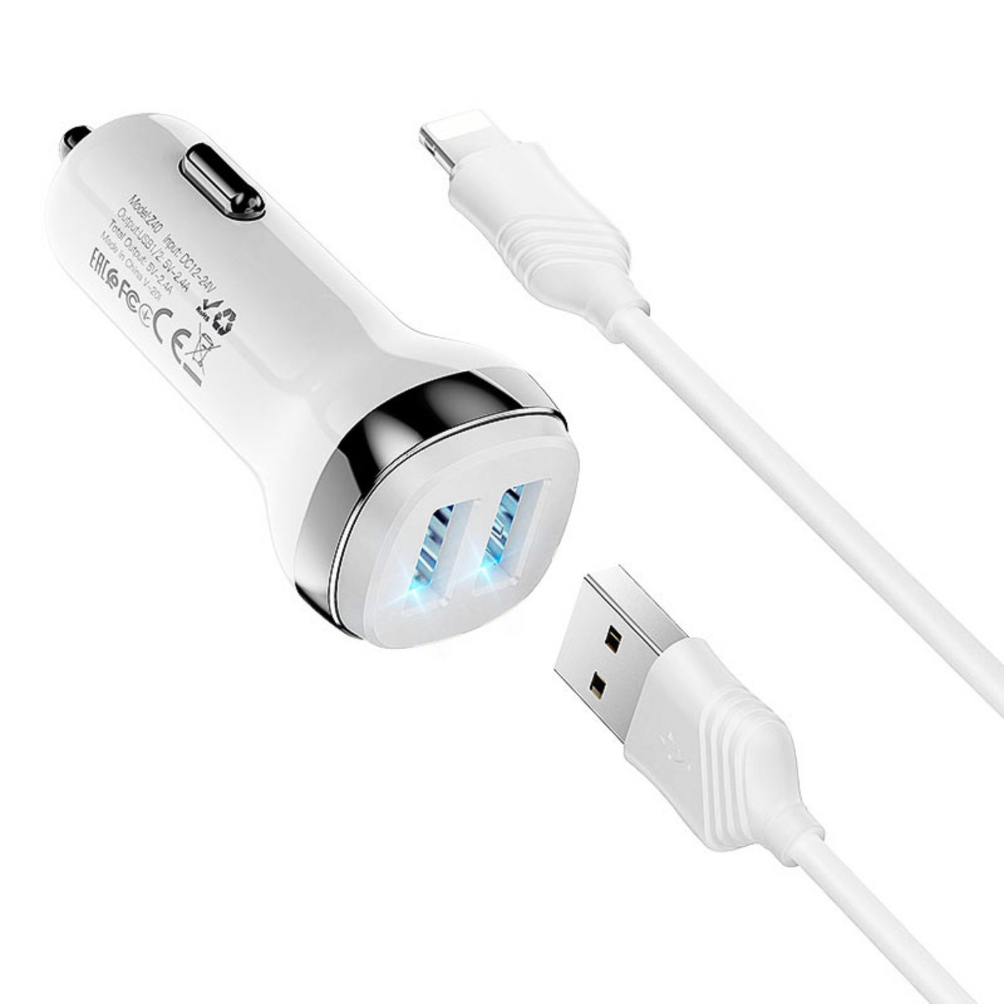 Close up view of Superior Dual USB Car Charger (Z40) in color white and usb to lightning cable beside it