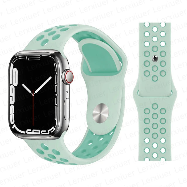 Close up view of Turqoise Sports Band with it being used on a apple watch