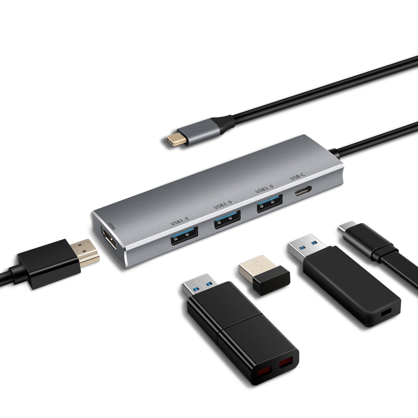 Close up view of Type C to HDMI with 3 usb slots, 2 type-c slots and 1 hdmi slot and peripheral devices are about to be connected to it