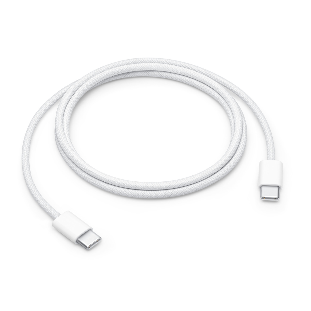 A close up view of USB-C to USB-C cable on white background