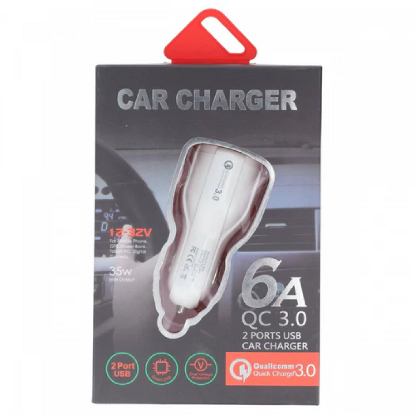 Close up view of USB Car Charger 35W (QC3.0) on white background