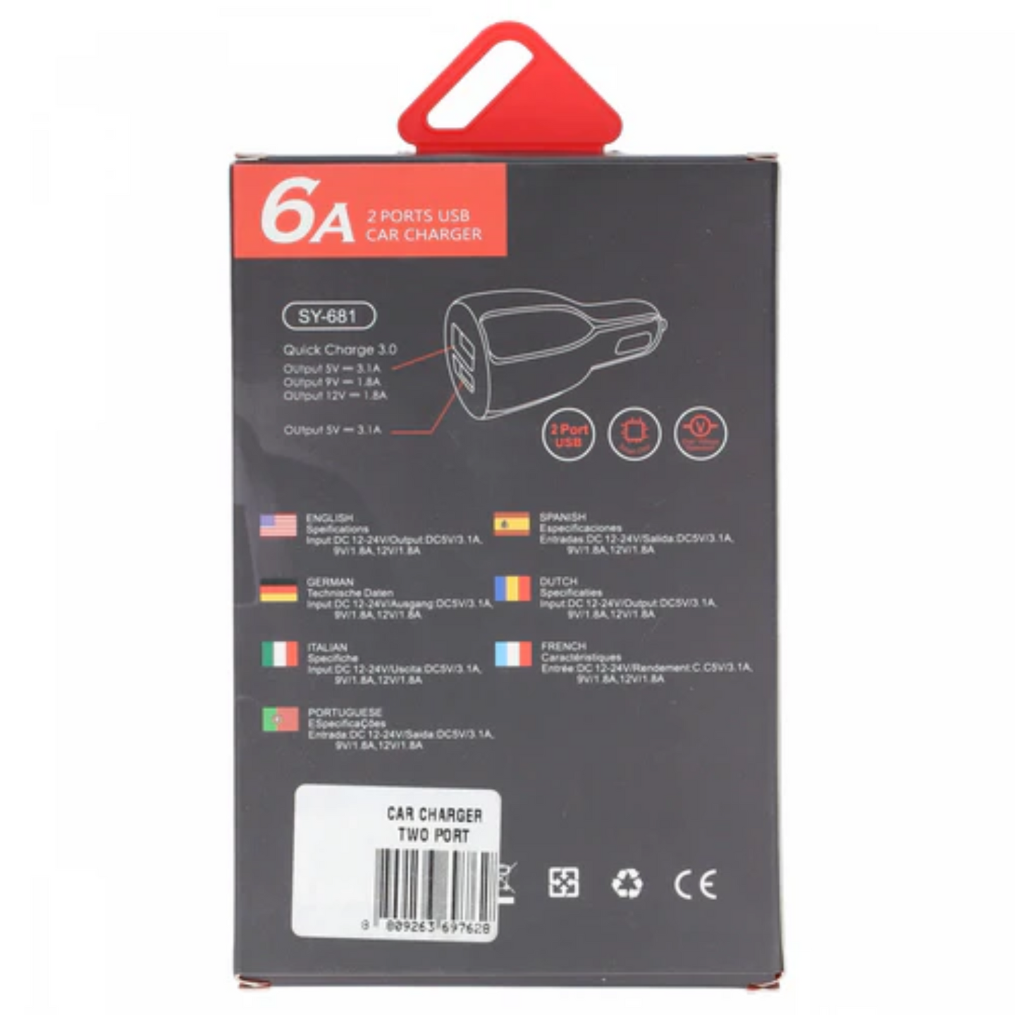 Close up view of USB Car Charger 35W (QC3.0) in a package
