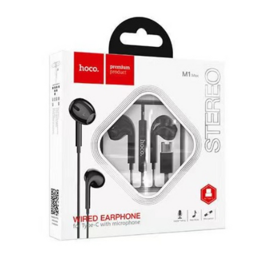 Close up view of Usb-c cable Earphone (M1) with hoco package in white background