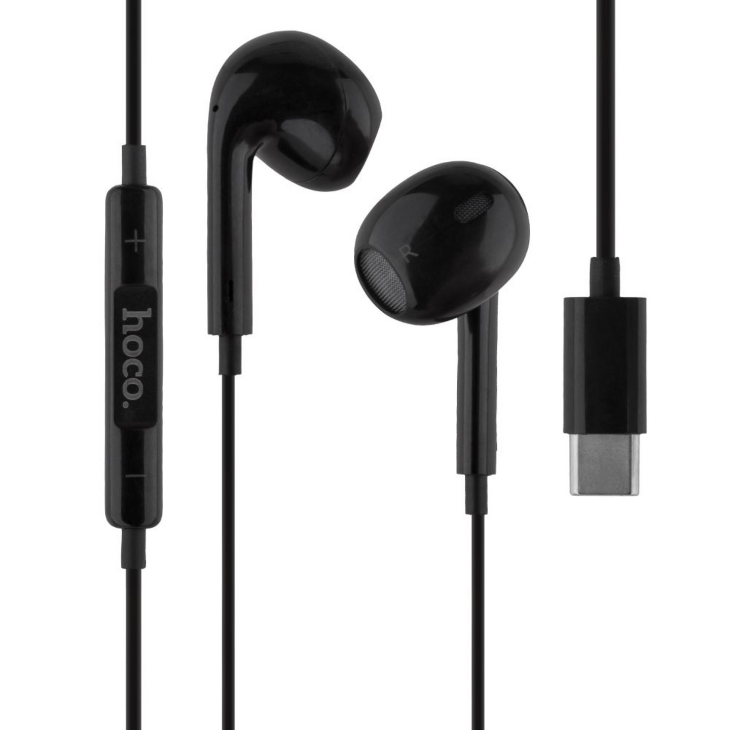 Close up view of Usb-c cable Earphone (M1) with left, right speakers, volume button, and type-c connector