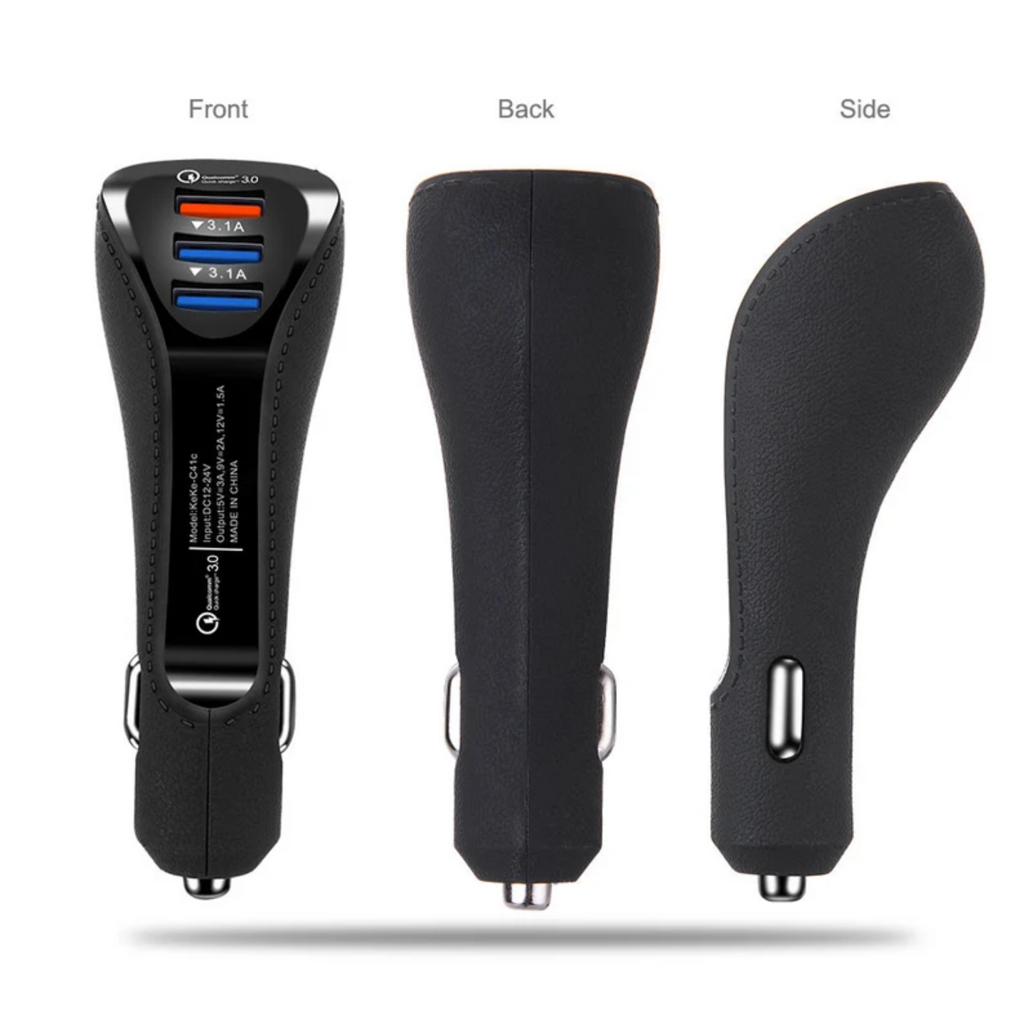 The image shows a black car charger from different angles. The product name is car charger 15 W QC 3.0.