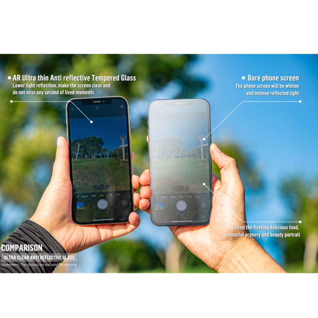 An image showing an iphone without Ar tempered glass on right hand and on the left hand an iphone with Ar tempered glass showing the differnece