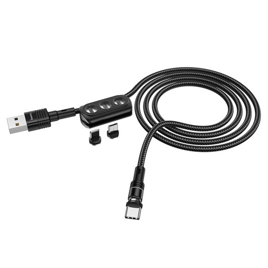 3 in 1 magnetic cable is coiled up with 3 connectors showing micro-usb, type-c and lightning. 