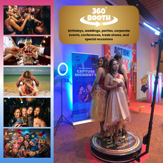 A photo showing a 360-degree photo booth setup with a group of people standing on the platform. The booth is advertised for use in birthdays, weddings, parties and other special occasions, with smaller images on the side depicting people enjoying the booth experience