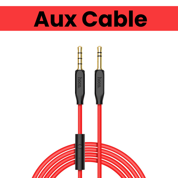 Close up view of Aux cable coiled up neatly with hoce engraved on it