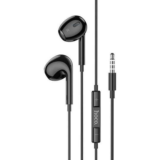 Close up view of Aux cable earphones with left and right speakers, volume button and aux cable 