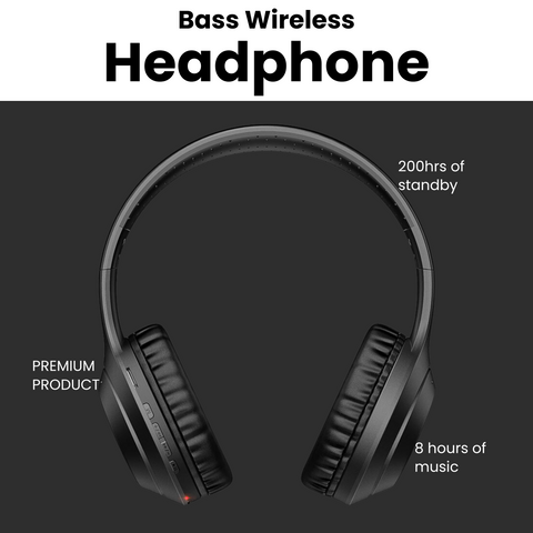 Black Bass Wireless Headphone with 200 hours standby time and 8 hours of music playback, premium product. 