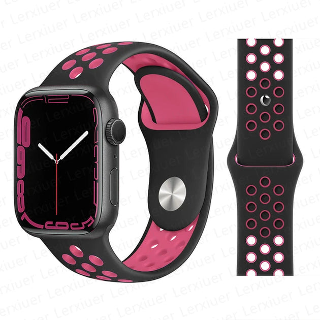 Close up view of Apple watch band in black pink color