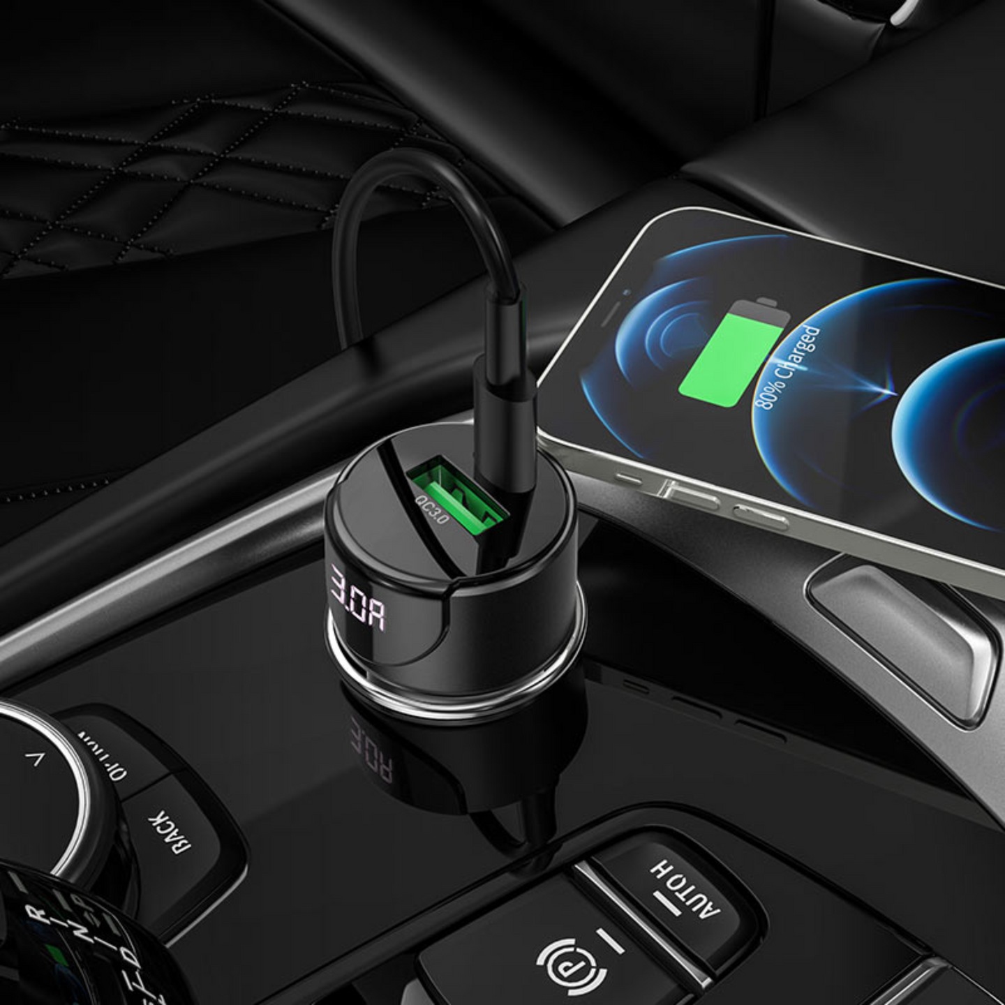 Photo showing car charger being used in a car and simultaneously charging the phone