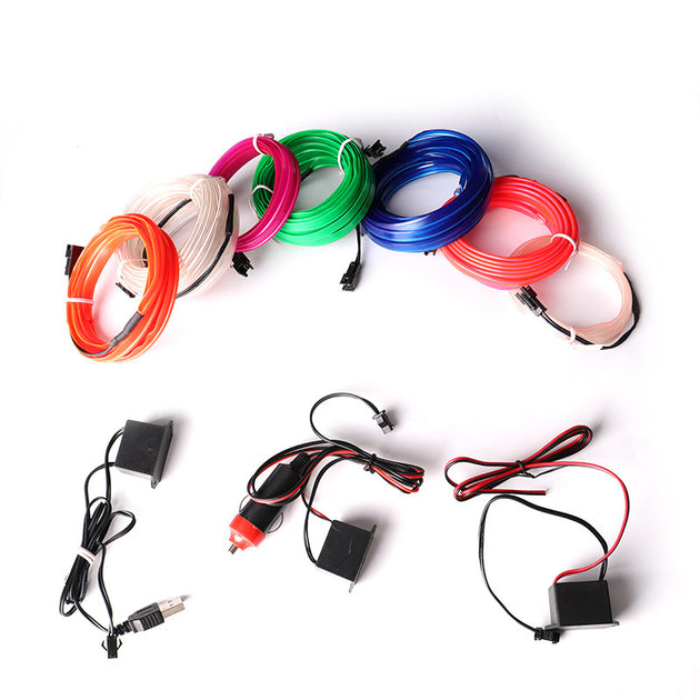 A colorful assortment of car dashboard neon lights with various lengths and connectors