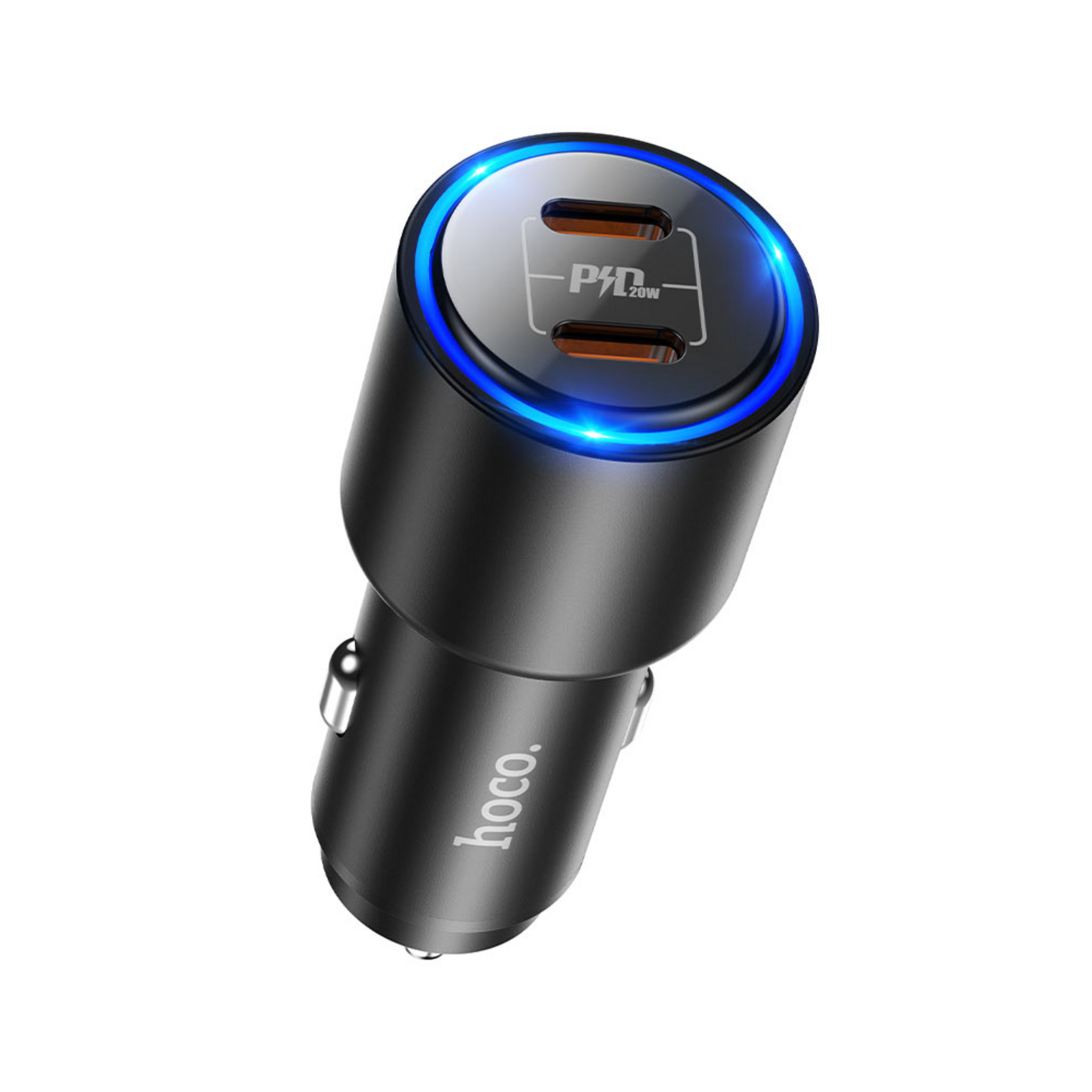 Close up view of Dual Type-C Car charger in vertical position with 2 type-c ports on it