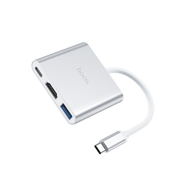 Close up view of Type-C hub with type-C, HDMI, and USB ports and the other end has type-C connector