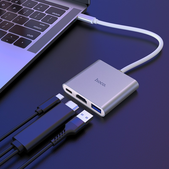 An image showing type-C adapter is connected to the pc and the cables for each individual port
