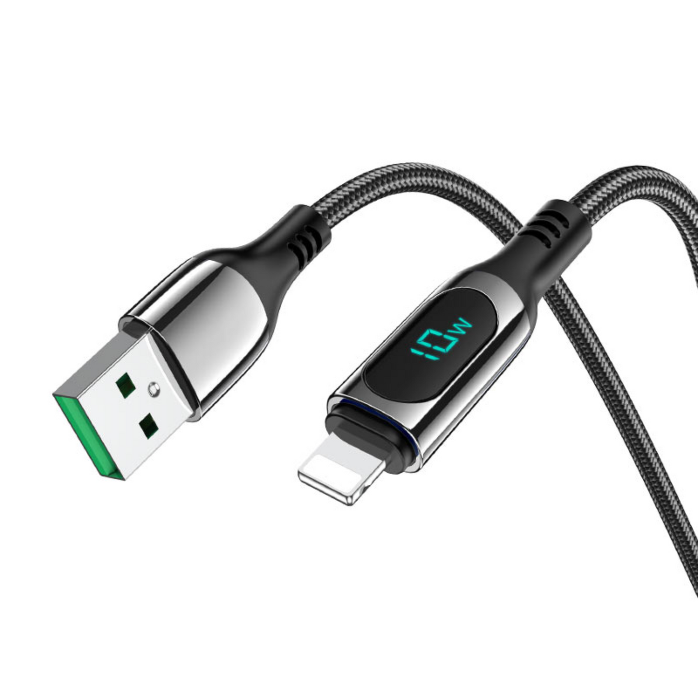 Close up view of USB to lightning cable with usb on one end and lightning on the other end