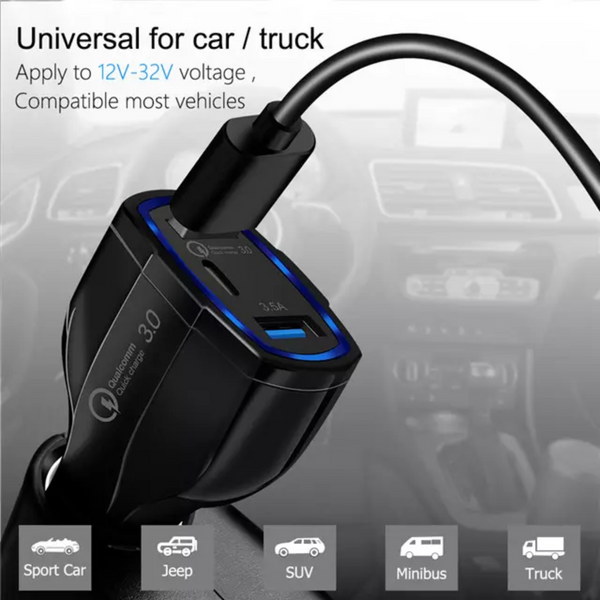 Universal car or truck charger with Quick charge 3.0 compatible with 12V-32V vehicles including sports cars, jeeps, Suv, minibuses and trucks