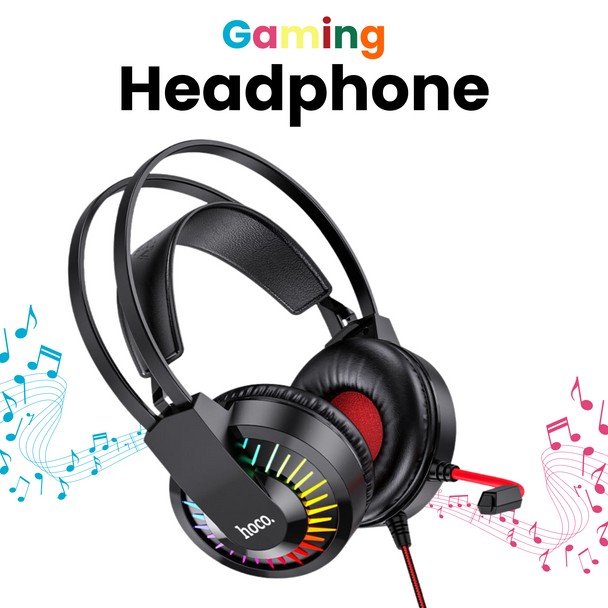 close up view of hoco gaming headphones design with headphones being at the centre and music icons on the side