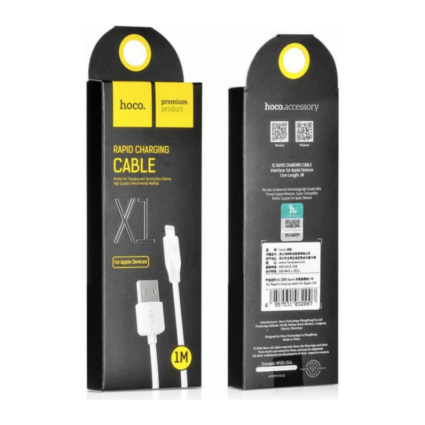 Close up view of lightning to usb cable in hoco packaging in front nad back view