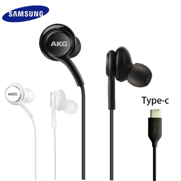 Close up view of AKG earphones with both black and white colors with type-C connector beside it