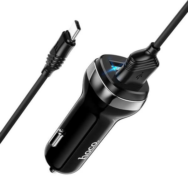 Close up view of Superior Dual USB Car Charger (Z40) with usb to type-c cable connected to it on a white background

