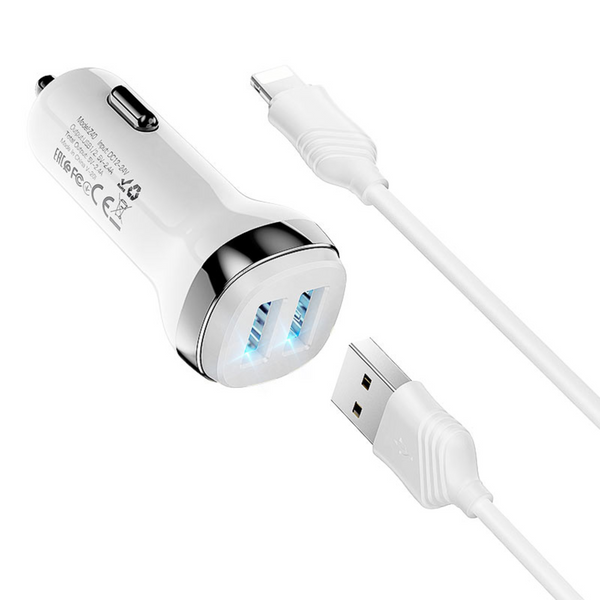 Close up view of Superior Dual USB Car Charger (Z40) in color white and usb to lightning cable beside it

