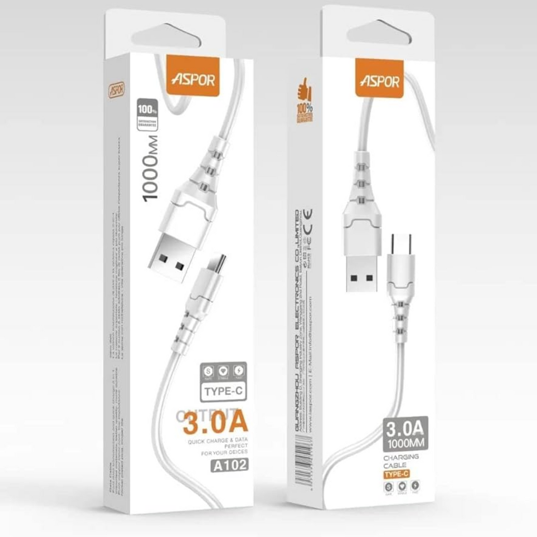 Close up view of Type-C Cable (1m/White) in Aspor packaging side by side