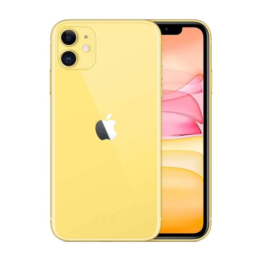 close up view of iphone 11 in color yellow on a white ground