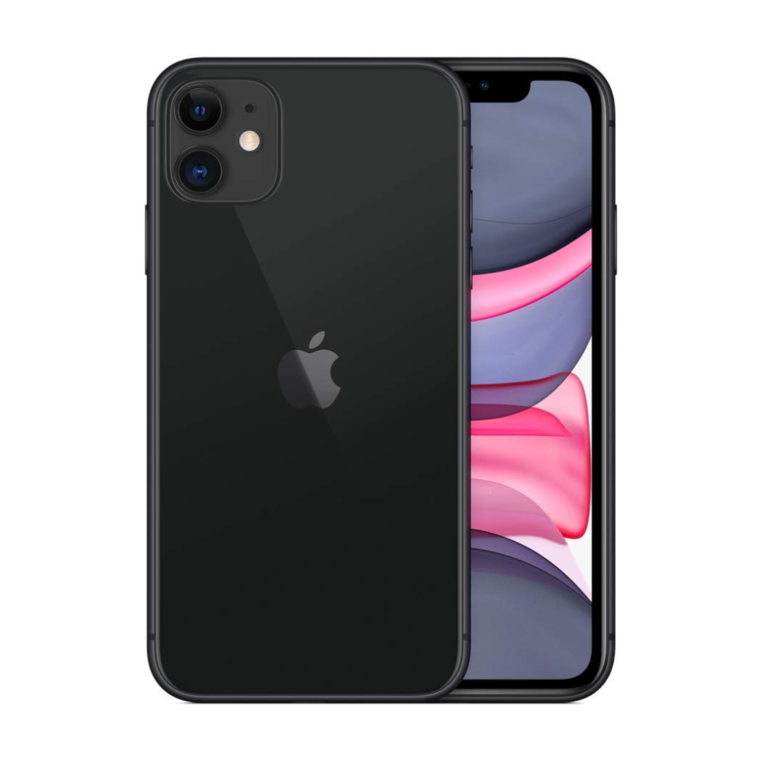 Close up view of iphone 11 in color black on a white background