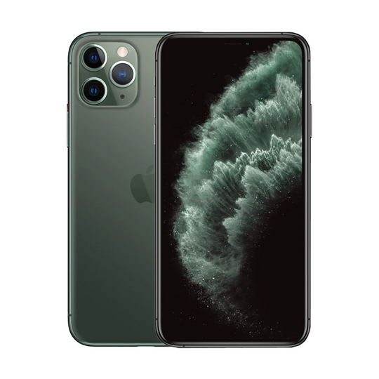 Close up view of iphone 11 pro in color dark green on a white background