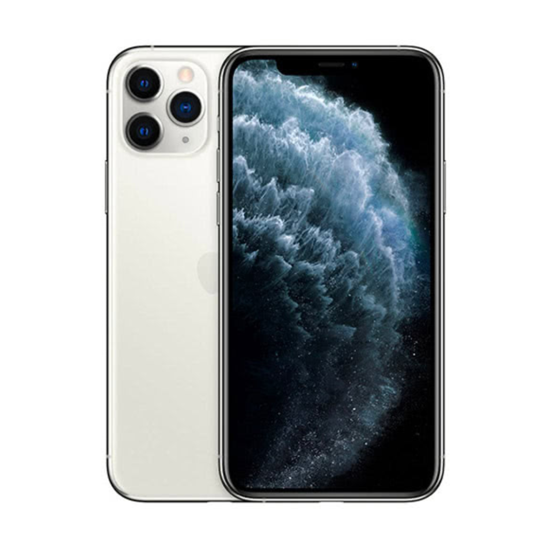 Close up view of iphone 11 pro in silver color on a white background