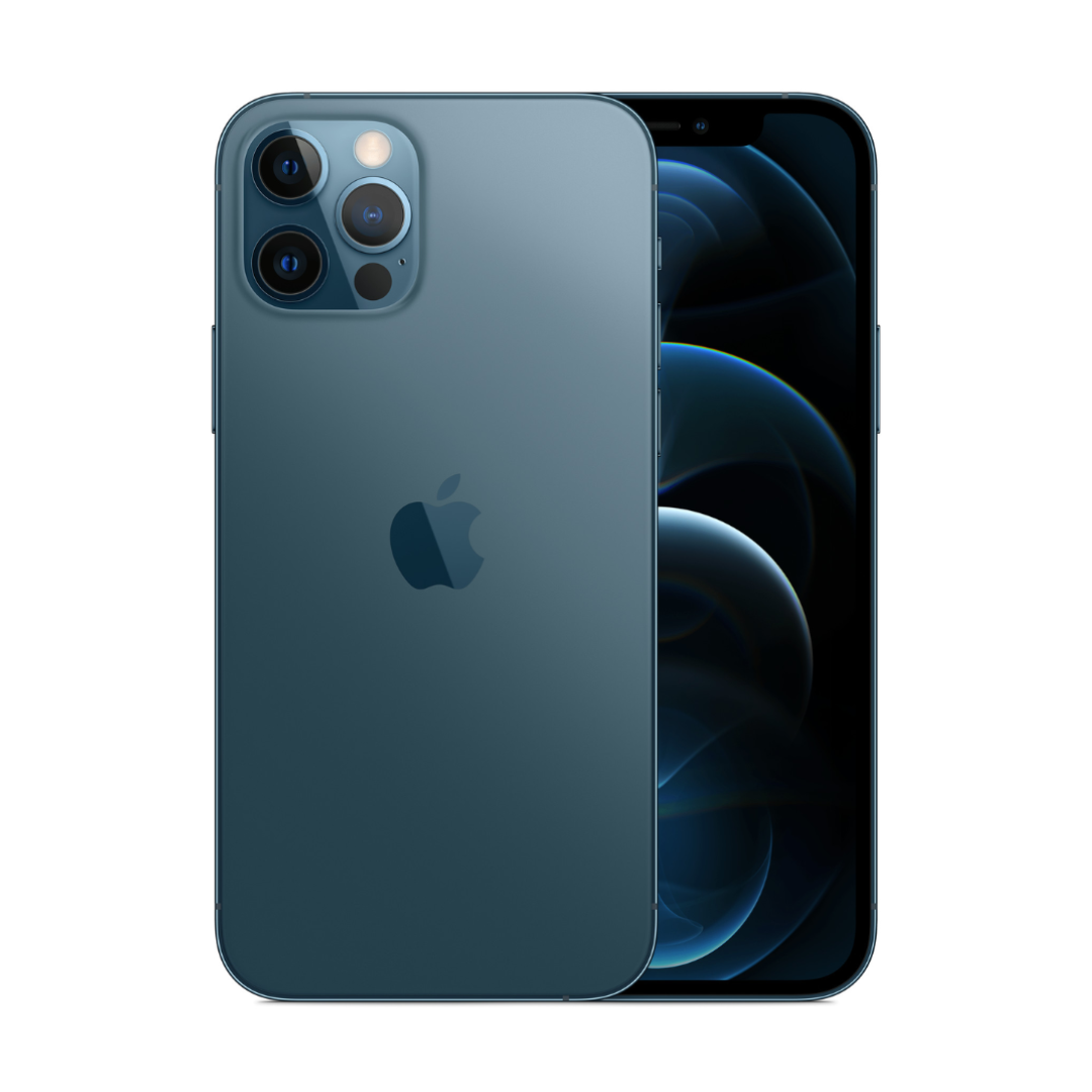 Close up view of iphone 12 Pro in color dark blue on a white backgroud