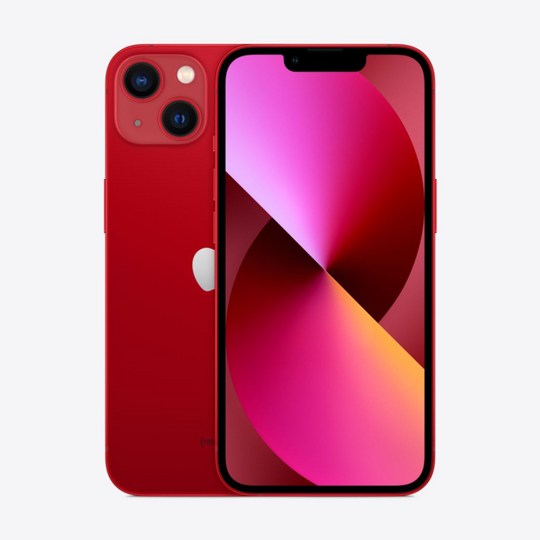 Close up view of iphone 13 in color red on a white background