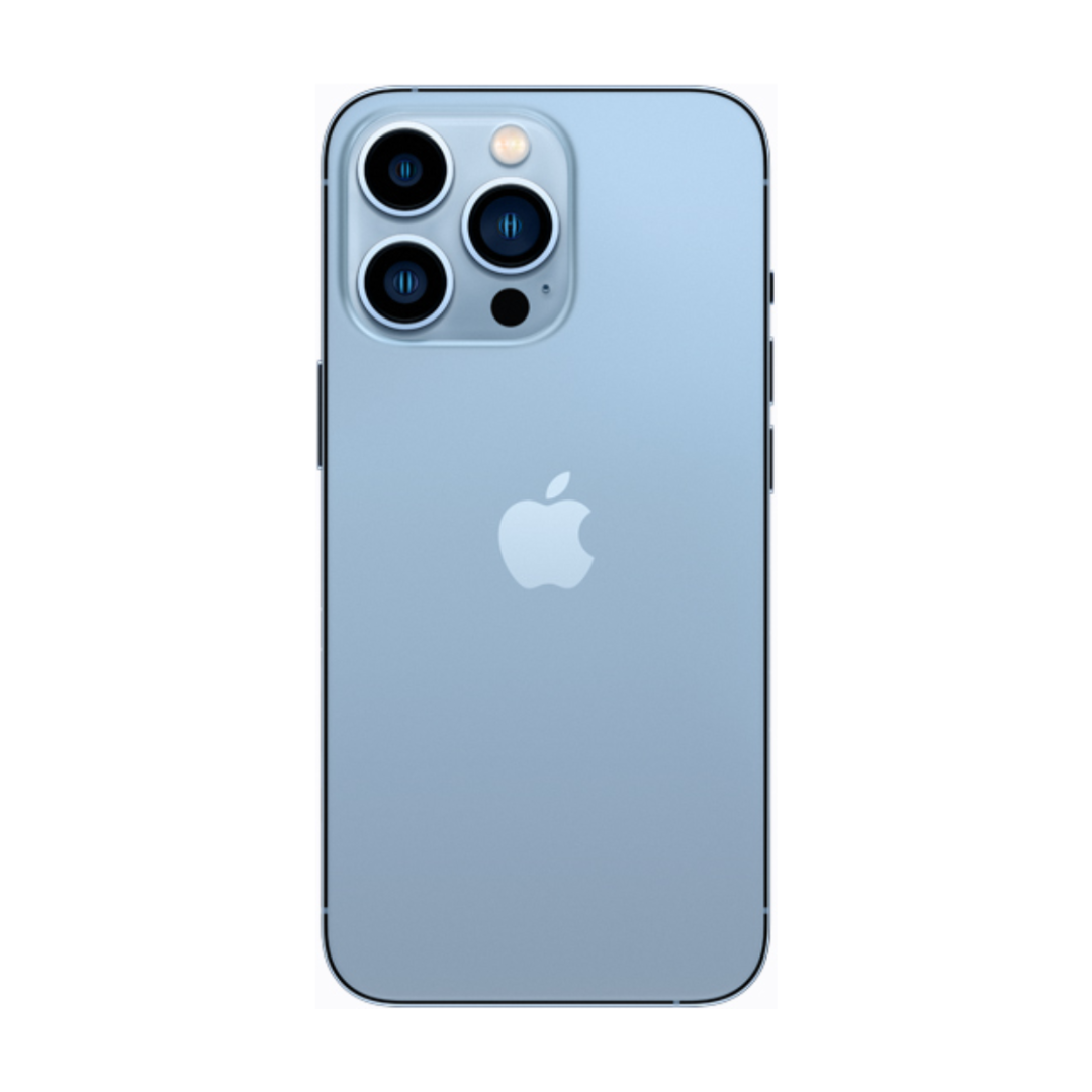 Close up view of iphone 13 Pro Max in color light blue on a white background