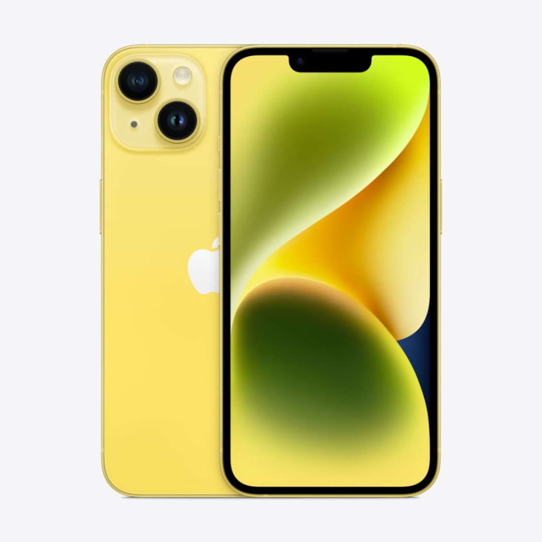 Close up view of iphone 14 in color yellow on a white background