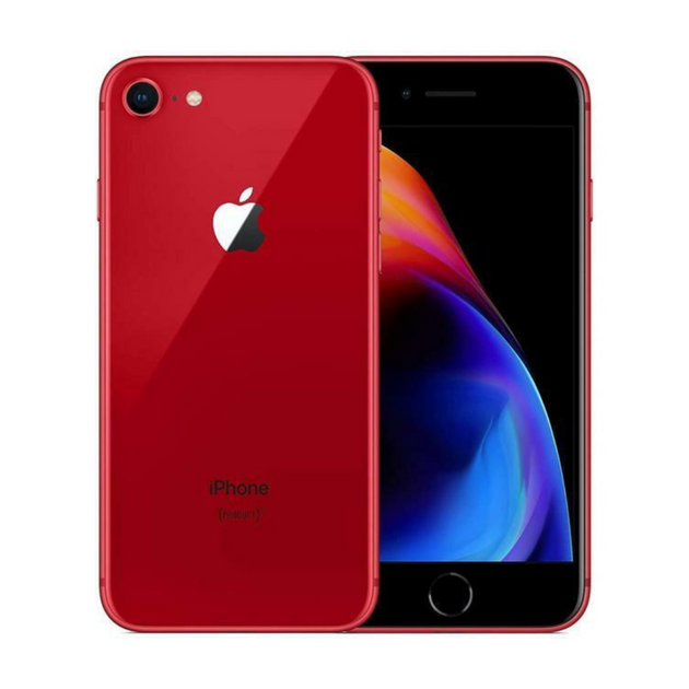 Close up view of iphone 8 in color red on a white background