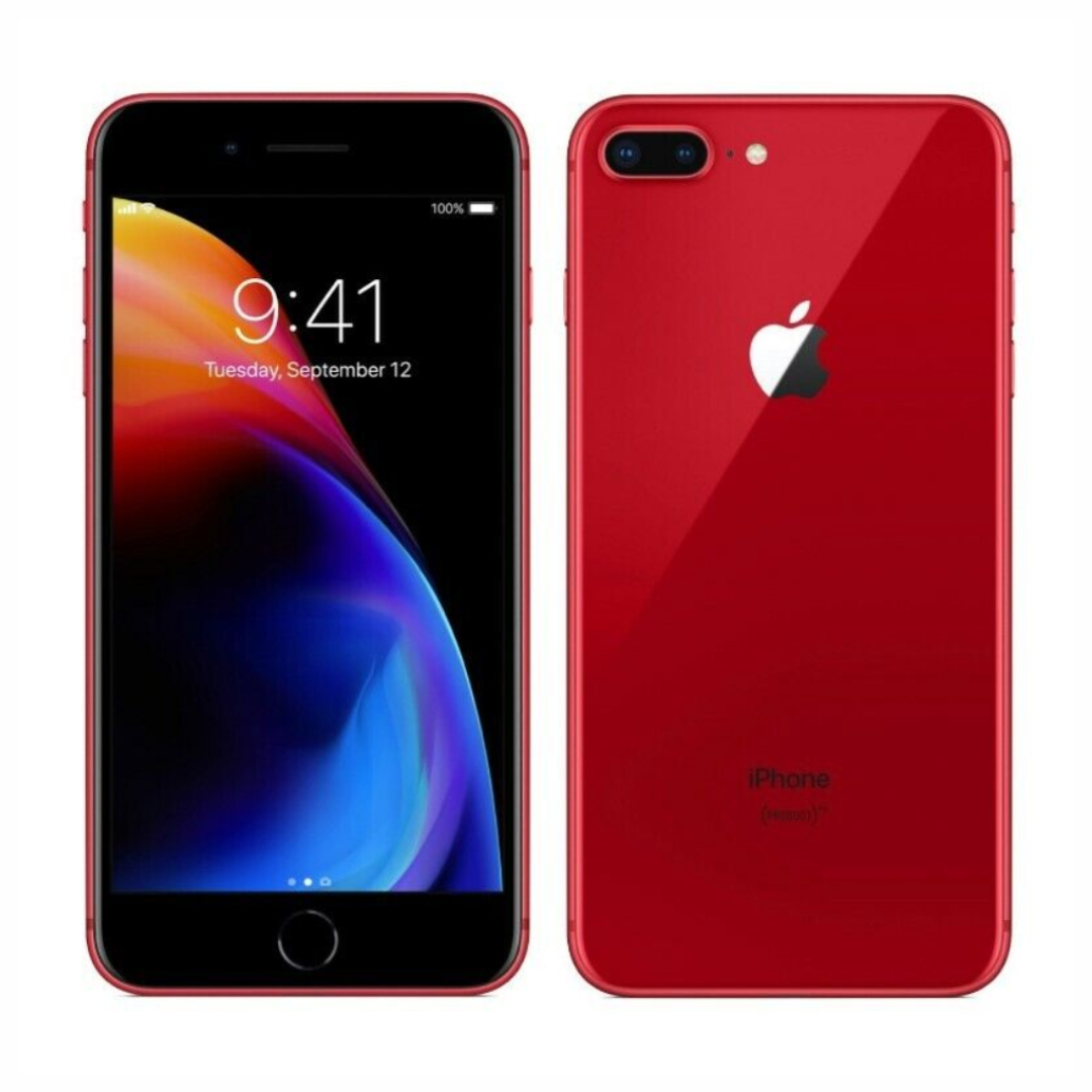 Close up view of iphone 8 Plus in color red on a white background front and back view