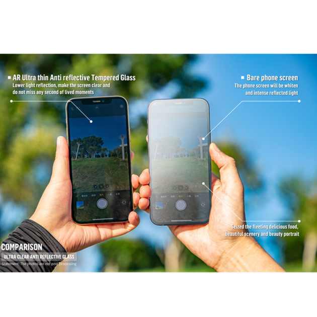 An image showing an iphone without Ar tempered glass on right hand and on the left hand an iphone with Ar tempered glass showing the differnece