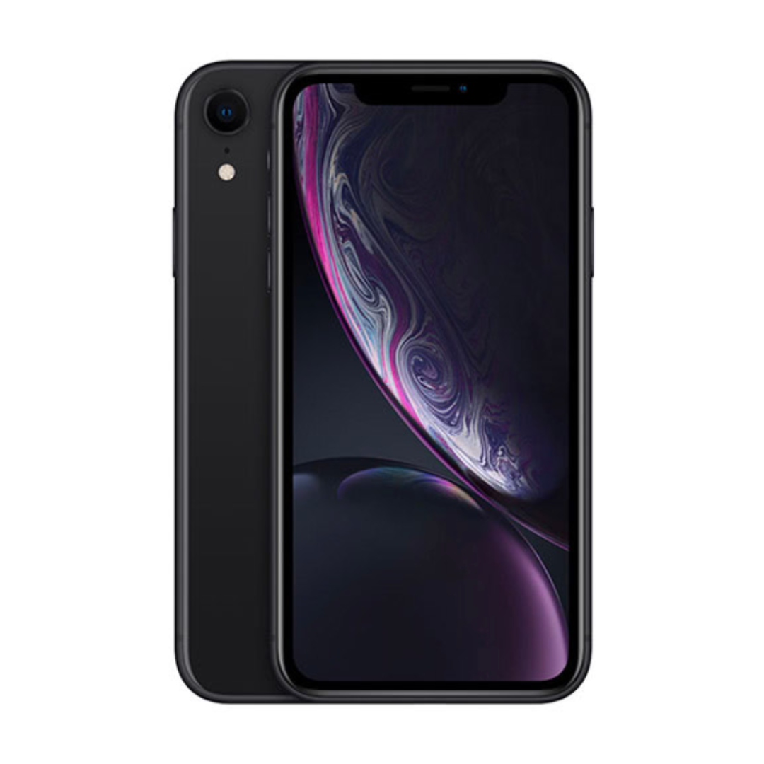 Close up view of iphone XR in color black on a white background