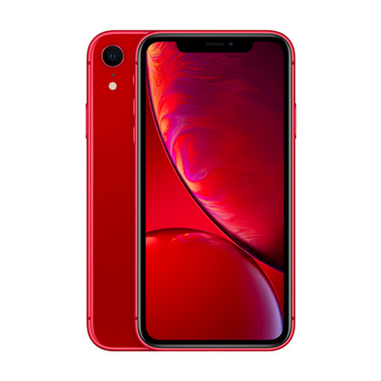 close up view of iphone xr in color red on white background