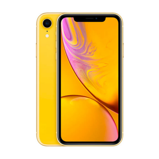 close up view of iphone xr in color yellow on white background