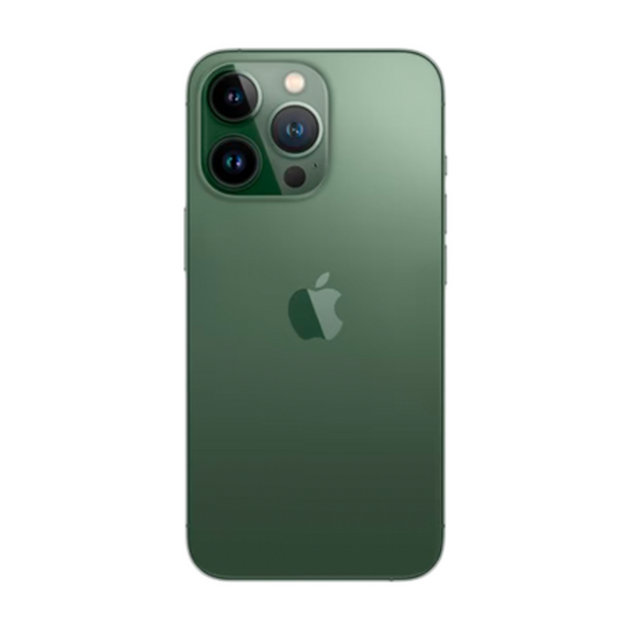 Close up view of iphone 13 Pro Max in color dark green on a white background