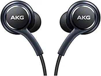 Close up view of wired Akg earphones 