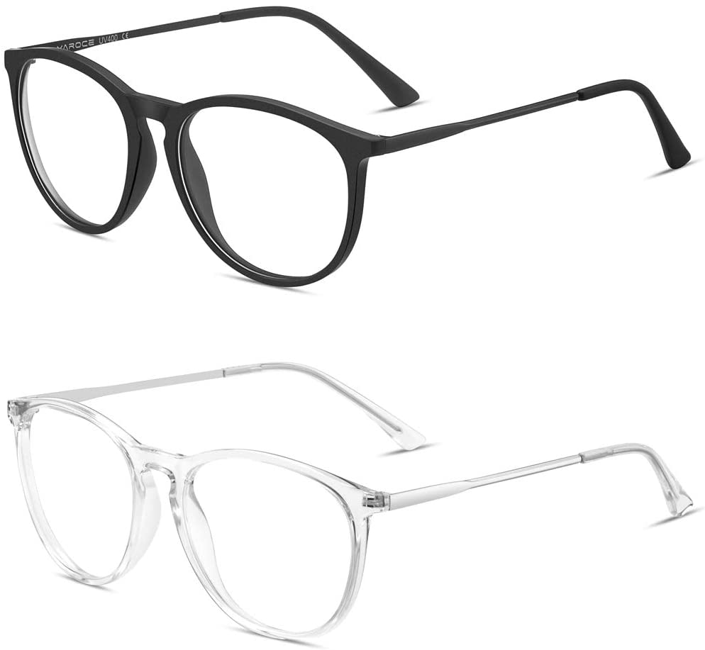 Close up view of Blue light blocking glasses sideways in black and clear 