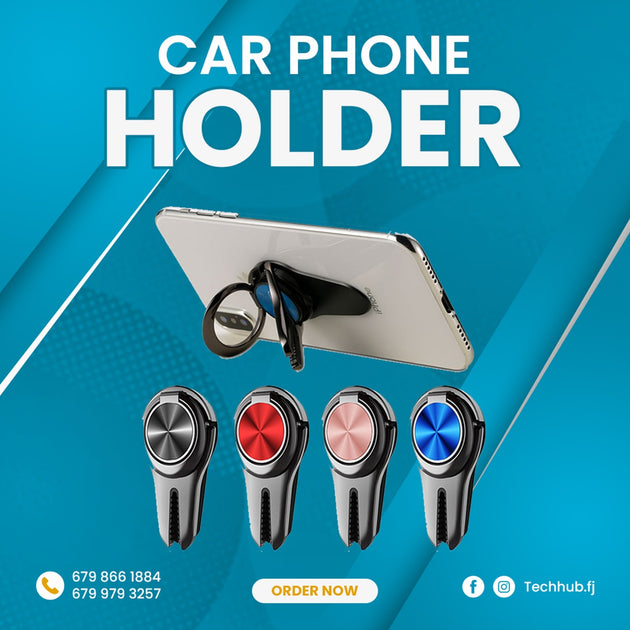 An image showing an design car phone holder in 4 colors with one of the car phone holder attached to an iphone